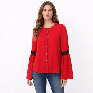Karl Lagerfeld Paris Red Bell Sleeve Lace Trim Button Front Blouse Size S